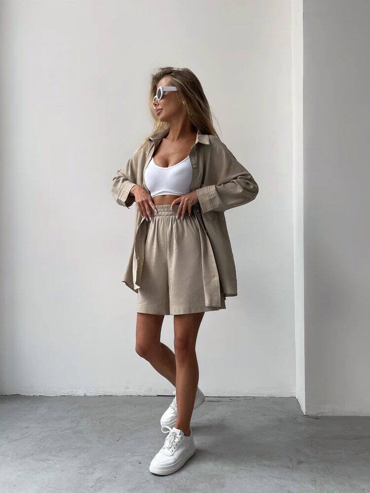 167-bezh.jpg Жіночий літній комплект сорочка Oversize та шорти